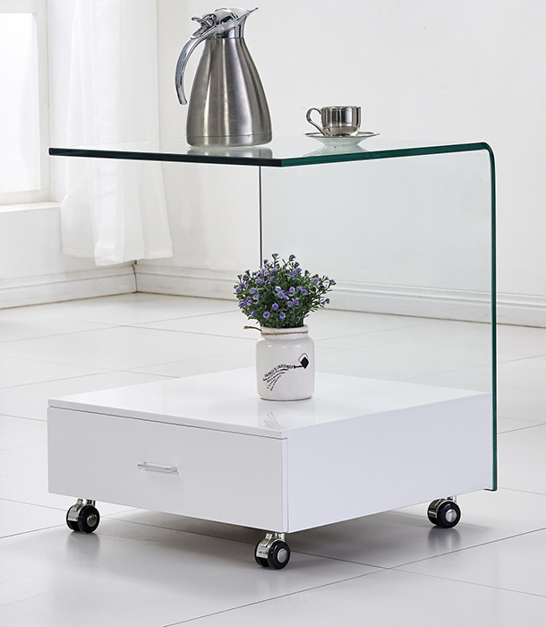 Cresta Glass Lamp Table With High Gloss Drawer